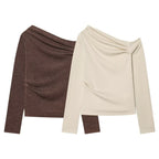 Women Off-Shoulder Fine Knit Long Sleeve with Draped Waterfall Collar Fashion Glam