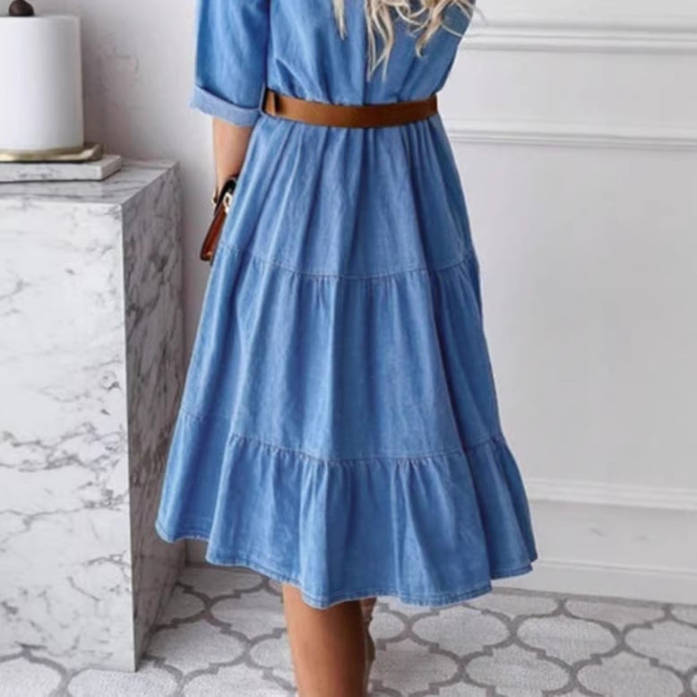 Women's Long Denim Dress with Tiered Skirt, Shirt Collar and Waist-Emphasizing Elastic Fashion Glam