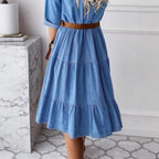 Women's Long Denim Dress with Tiered Skirt, Shirt Collar and Waist-Emphasizing Elastic Fashion Glam