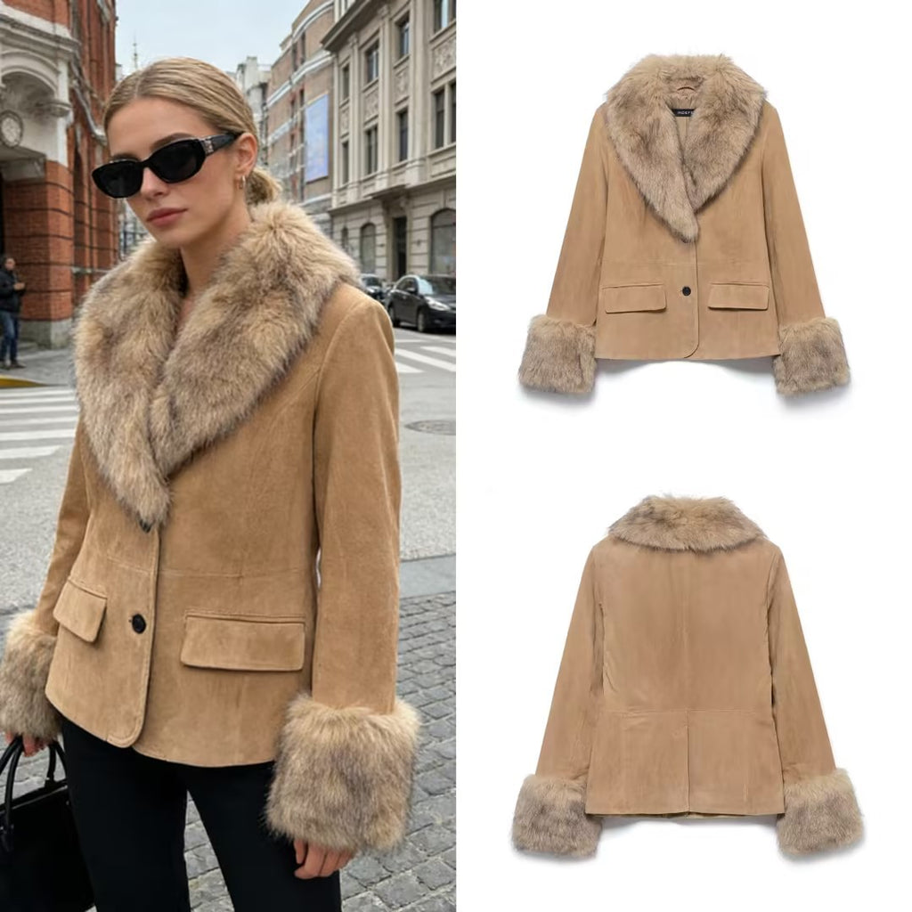 Women's short suede jacket with voluminous fur collar and wide fur cuffs Fashion Glam