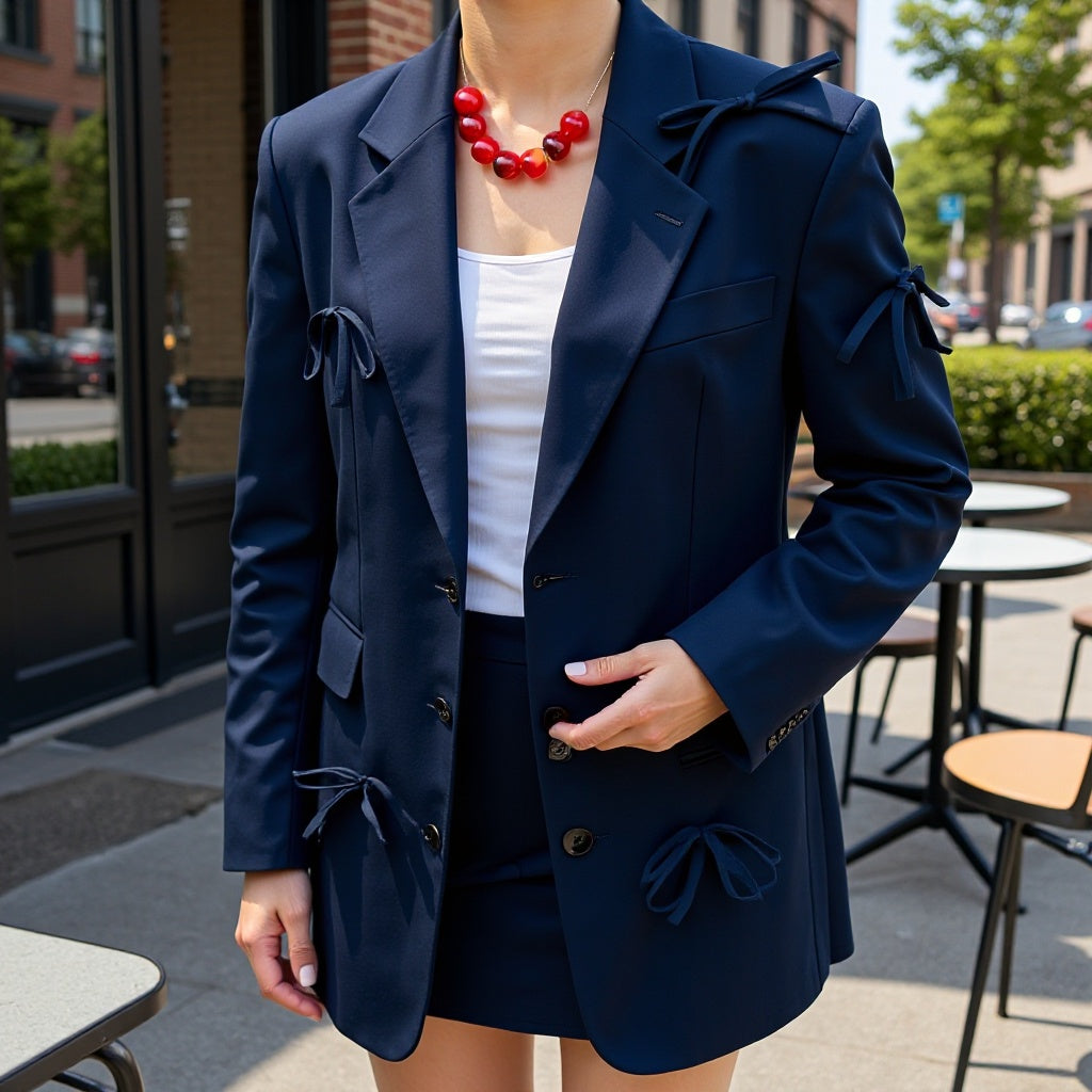 Women's Oversized Blazer Jacket with Decorative Bows and Fine Tailoring Fashion Glam
