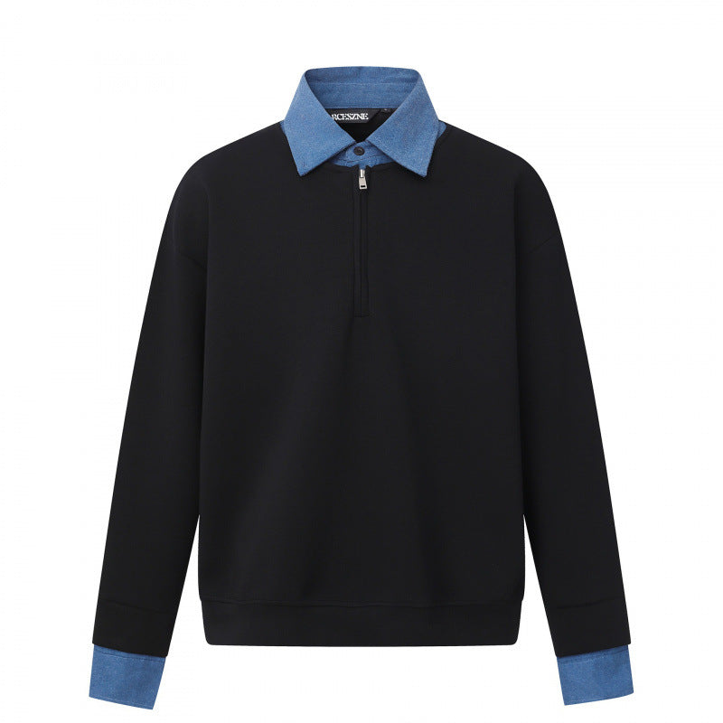 Unisex Oversize-Halfzip-Sweatshirt with contrasting shirt collar and denim cuffs Fashion Glam