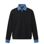 Unisex Oversize-Halfzip-Sweatshirt with contrasting shirt collar and denim cuffs Fashion Glam