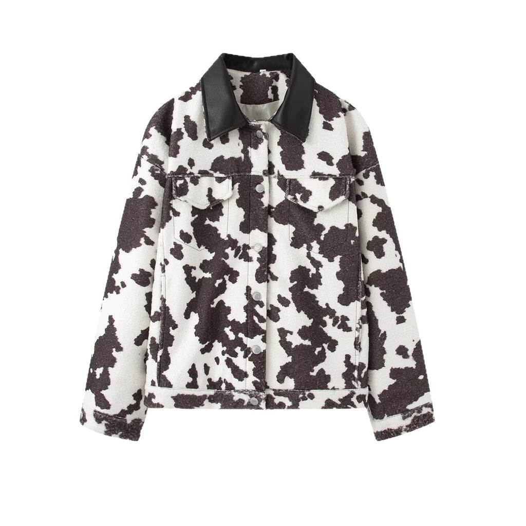 Women’s teddy trucker jacket with cow spot pattern and faux leather collar Fashion Glam