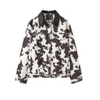 Women’s teddy trucker jacket with cow spot pattern and faux leather collar Fashion Glam