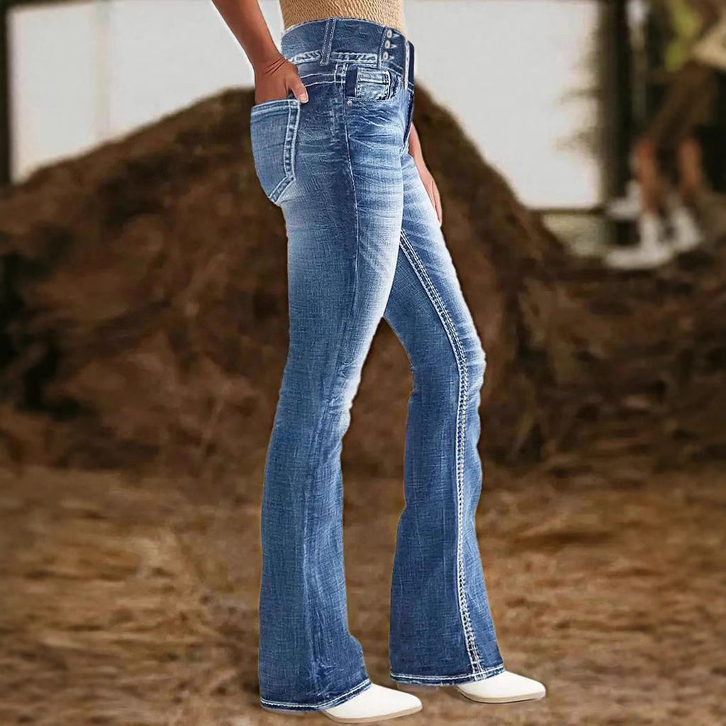 Ladies high-waisted flared jeans with side decorative seam and sculpting stretch waistband Fashion Glam