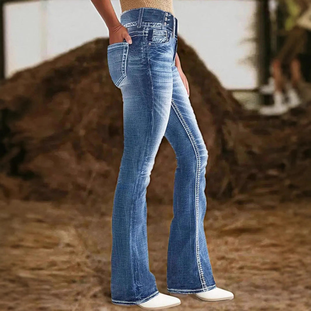 Ladies high-waisted flared jeans with side decorative seam and sculpting stretch waistband Fashion Glam