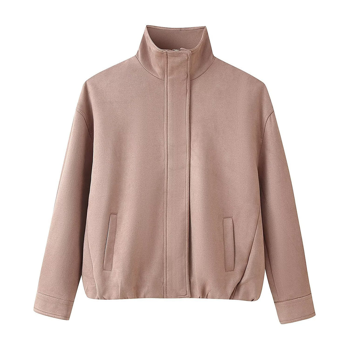 Women's Boxy Short Jacket with High Stand Collar and Concealed Zipper Fashion Glam
