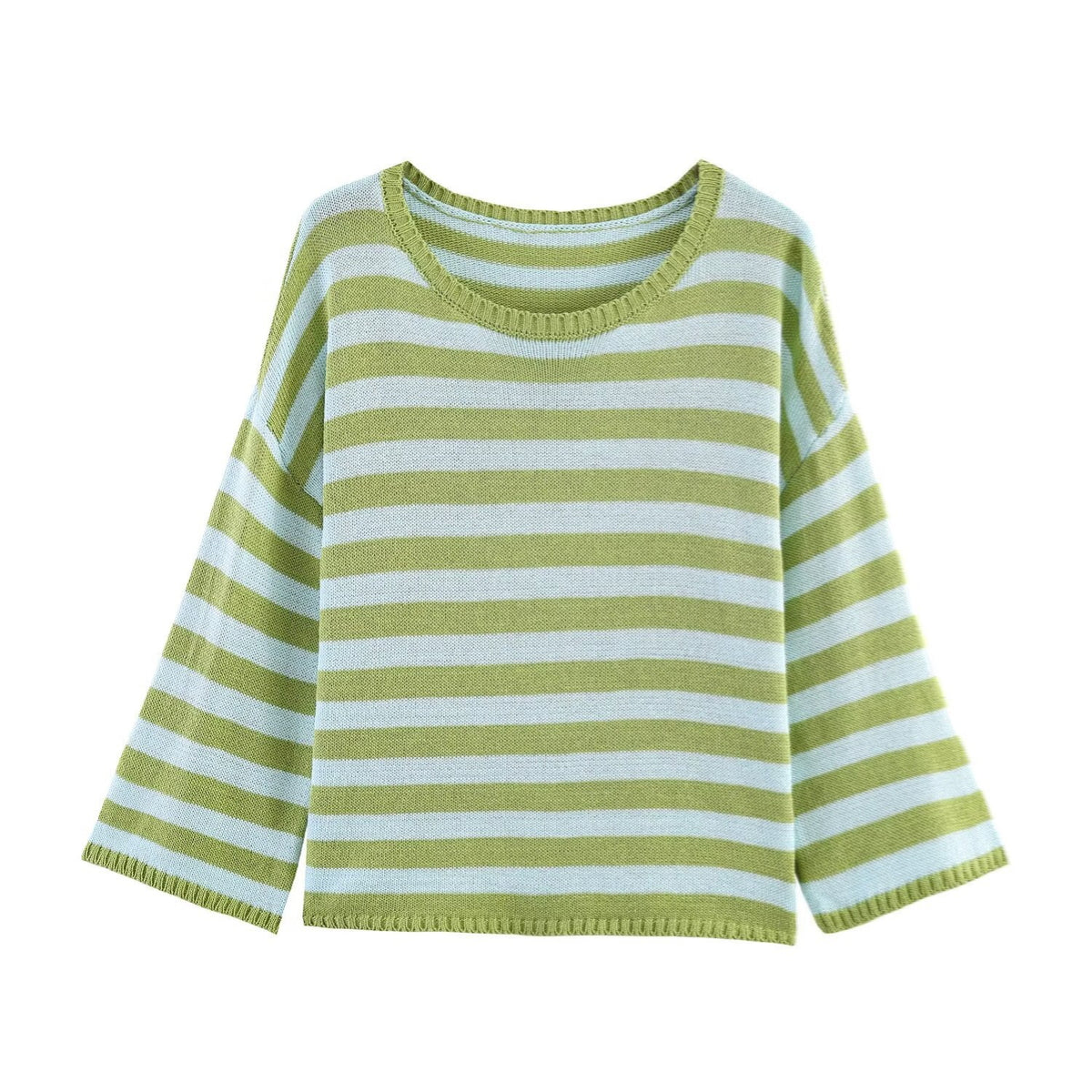 Women Oversized Striped Fine Knit Sweater with Round Neck and Half-Length Sleeves Fashion Glam
