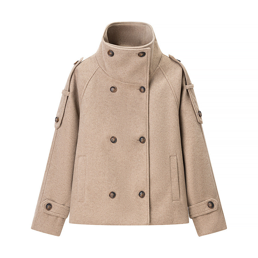 Women's Short Double-Breasted Wool Peacoat with Stand-Up Collar Fashion Glam