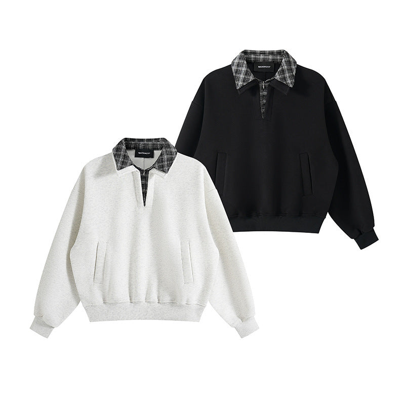 Unisex Oversized Sweatshirt with inset check shirt collar and half zipper Fashion Glam