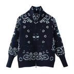 Women's chunky knit zip cardigan with stand-up collar and paisley jacquard Fashion Glam