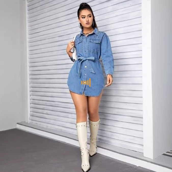 Women Studded Denim Shirt Dress with Waist Belt Fashion Glam