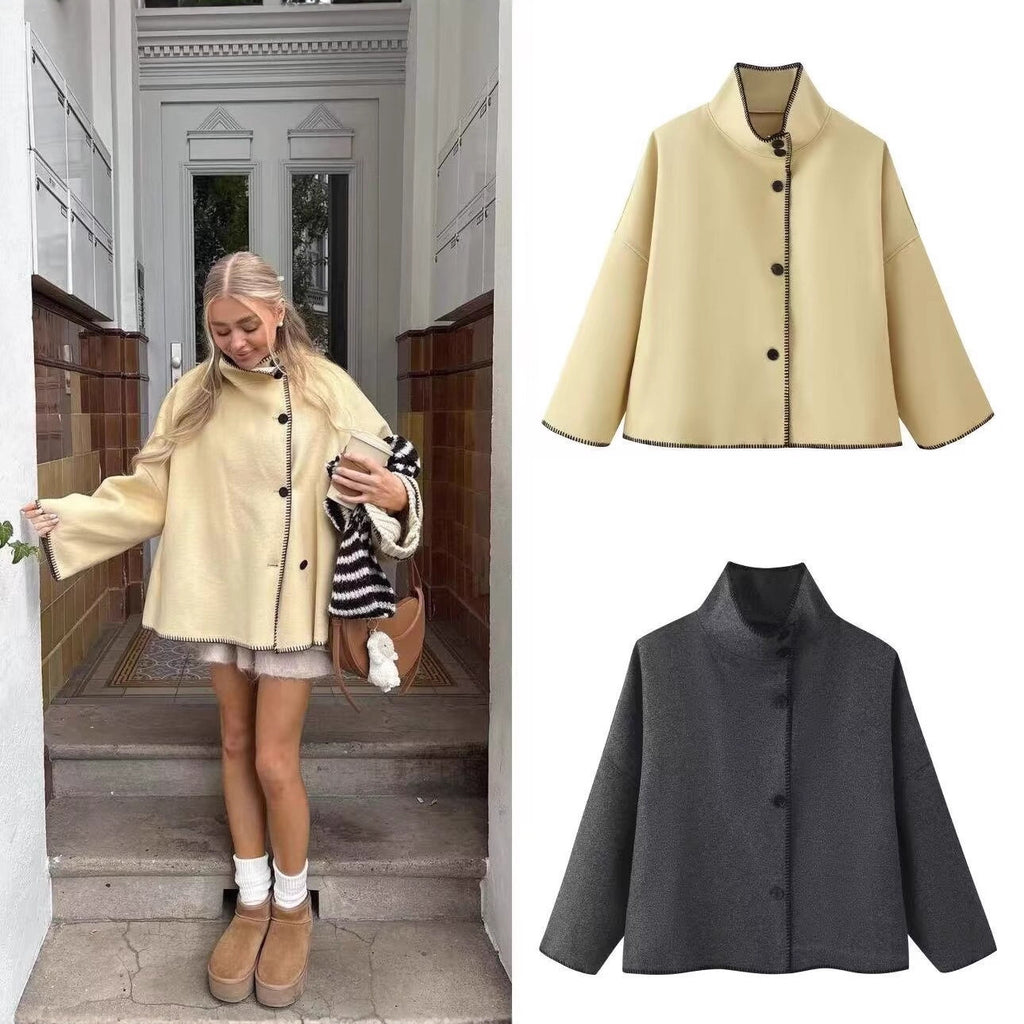 Women's Short Boxy Coat-Cape with Standing Collar and Contrast Decorative Stitch Fashion Glam