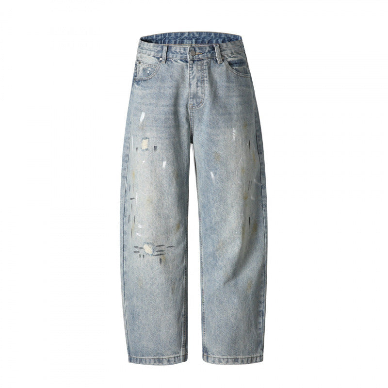 Men's Loose-Fit Vintage Denim Pants with Used Effect, Paint-Splatter and Distressed Details Fashion Glam