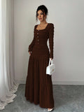 Women's Figure-Hugging Ruffle Maxi Dress with Square Neckline and Button Placket Fashion Glam