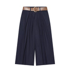 Women's High-Waisted Culotte Pants with Wide Leg, Knife Pleats and Round Buckle Belt Fashion Glam