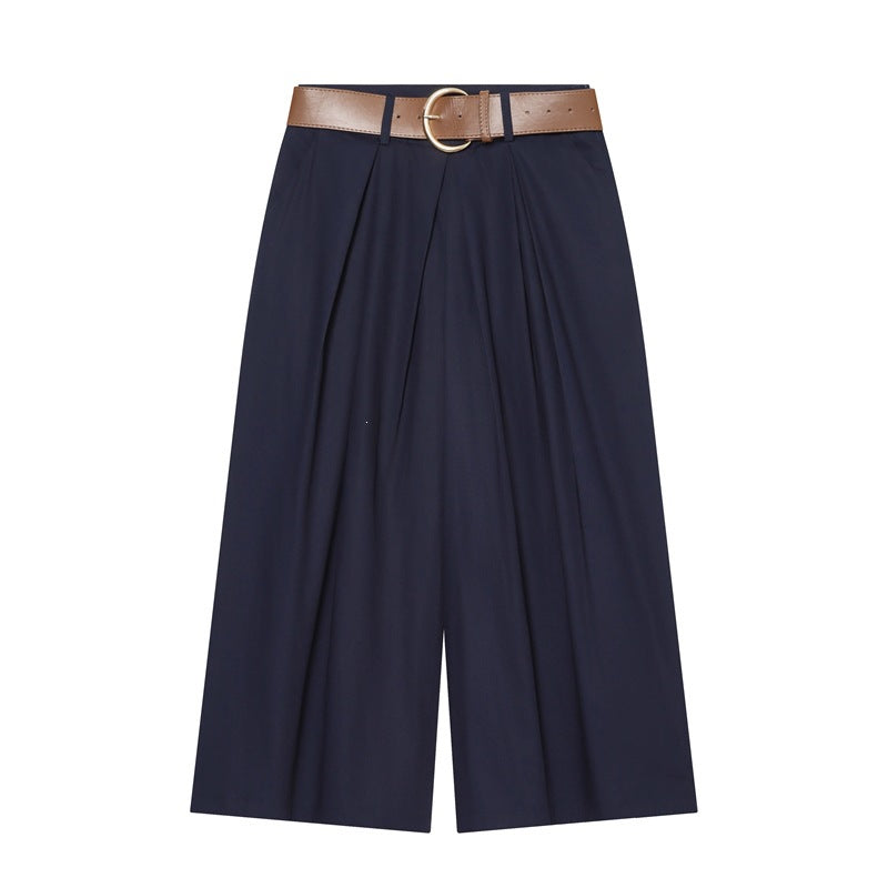 Women's High-Waisted Culotte Pants with Wide Leg, Knife Pleats and Round Buckle Belt Fashion Glam
