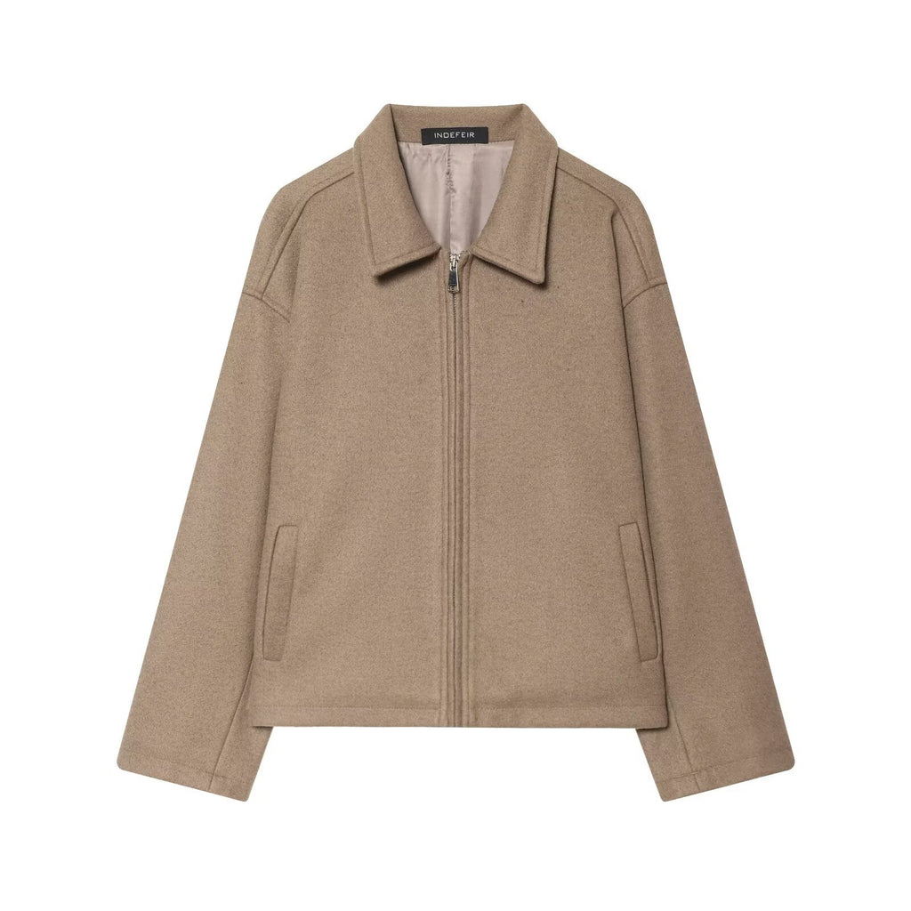 Women Boxy Wool Blend Blouson Jacket with Zipper and Shirt Collar Fashion Glam