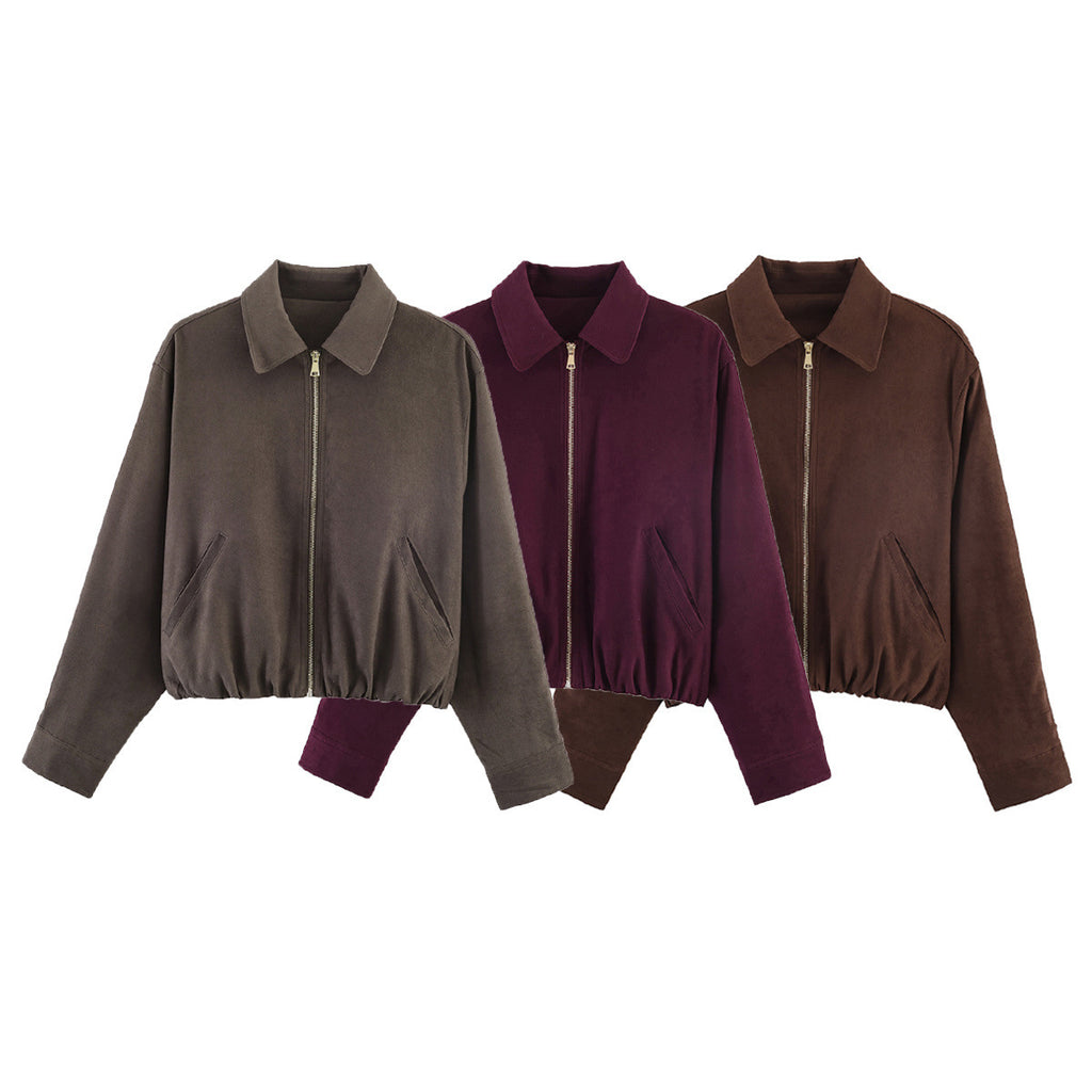 Women's short velor bomber jacket with shirt collar, zipper and elastic hem Fashion Glam
