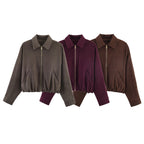 Women's short velor bomber jacket with shirt collar, zipper and elastic hem Fashion Glam