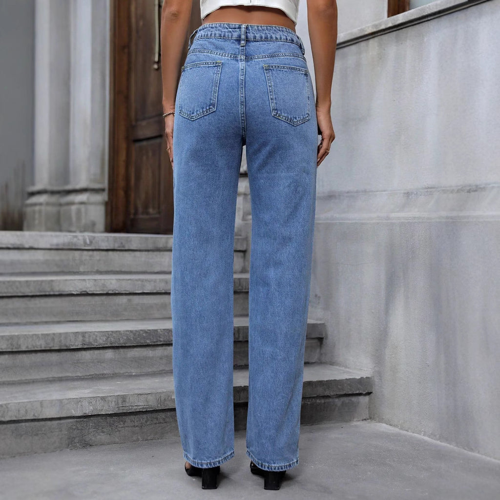 Women High-Waist Straight Jeans with Pearl and Rhinestone Trim Fashion Glam