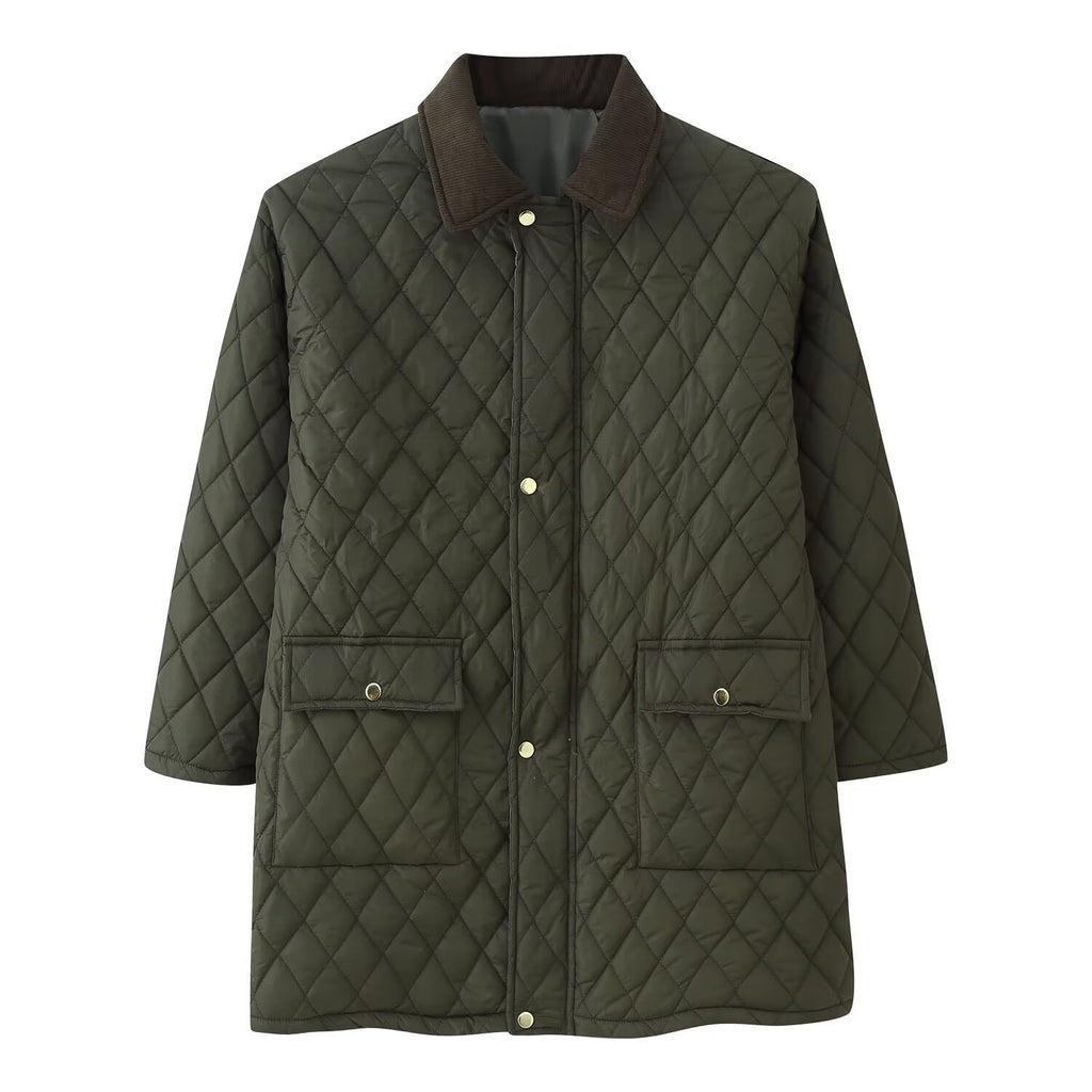Women’s quilted coat with cord collar, checkered quilting and patch pockets Fashion Glam