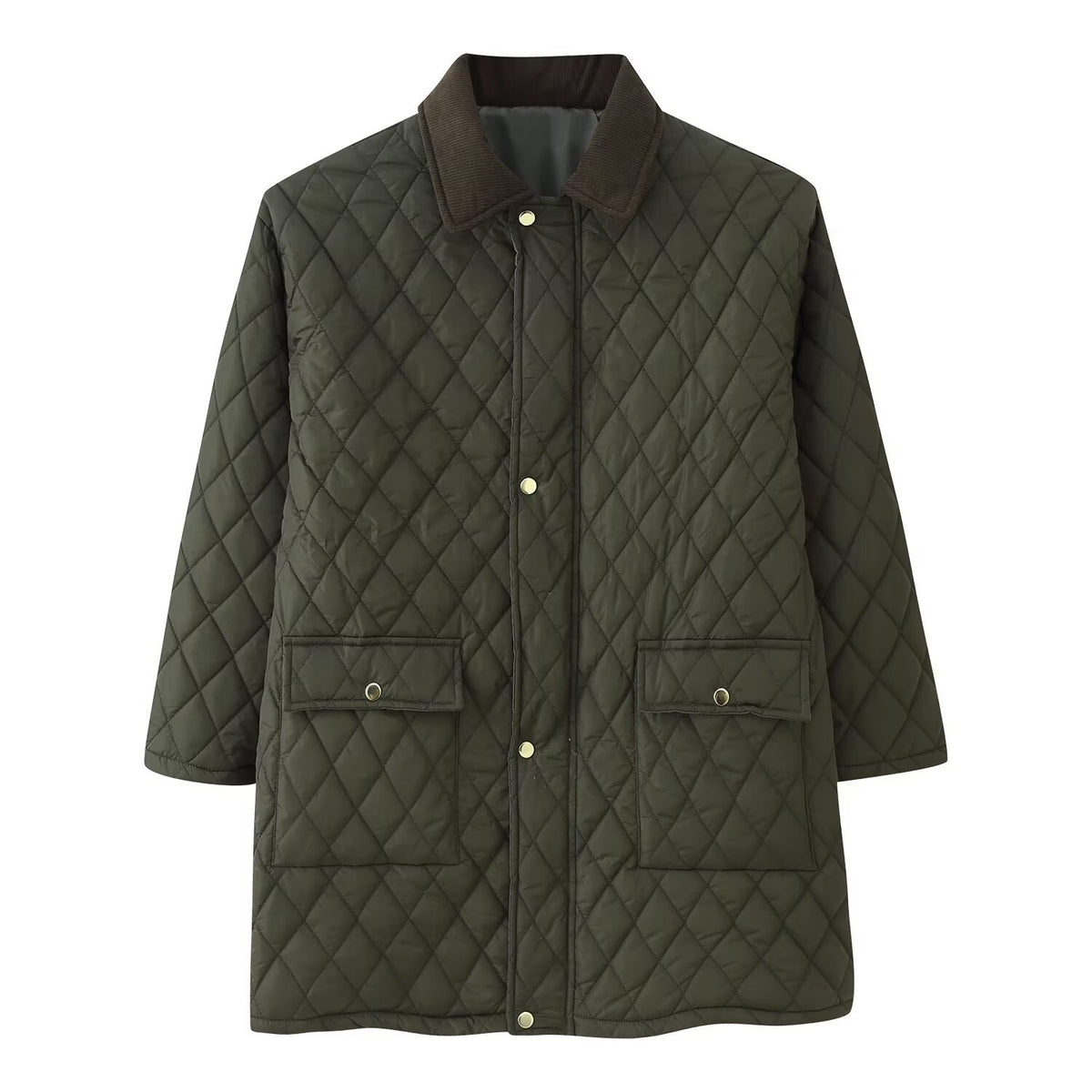 Women’s quilted coat with cord collar, checkered quilting and patch pockets Fashion Glam