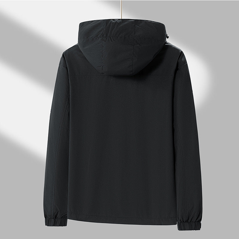Men's lightweight water-repellent hooded transitional jacket with contrast shoulder panels and drawstring hem Fashion Glam
