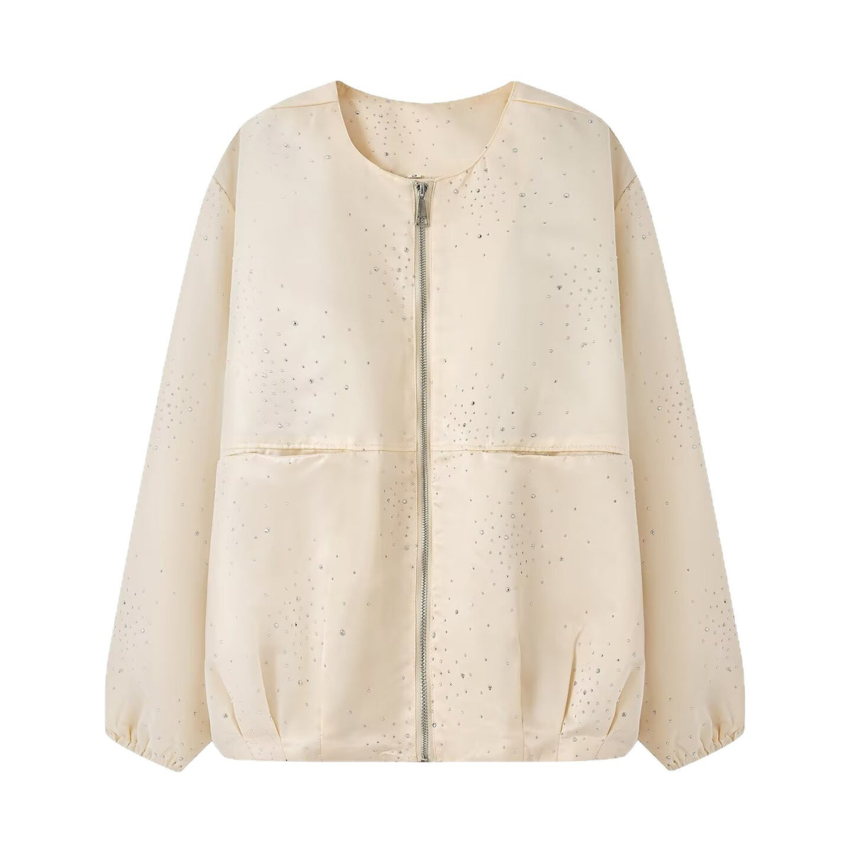 Women's Shiny Bomber Jacket with Decorative Stone Trim and Elastic Hem Fashion Glam