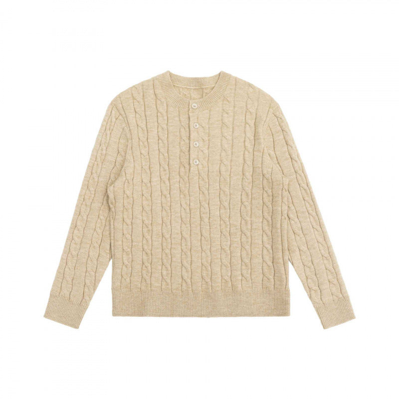 Unisex Chunky Knit Henley Sweater with Cable Pattern and Half Button Placket Fashion Glam