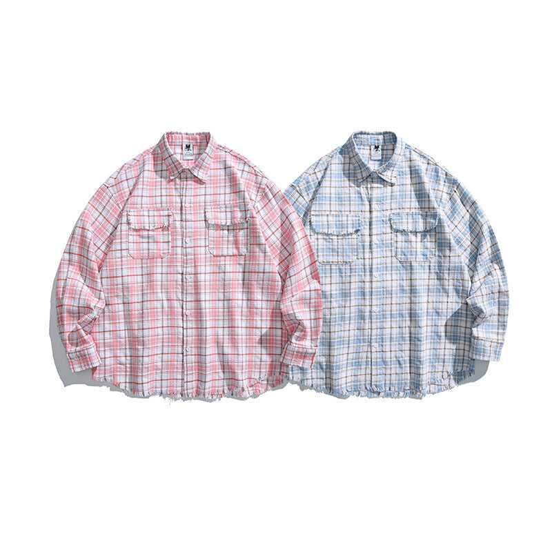 Unisex Boxy overshirt in checked linen blend with frayed hem and patch pockets Fashion Glam