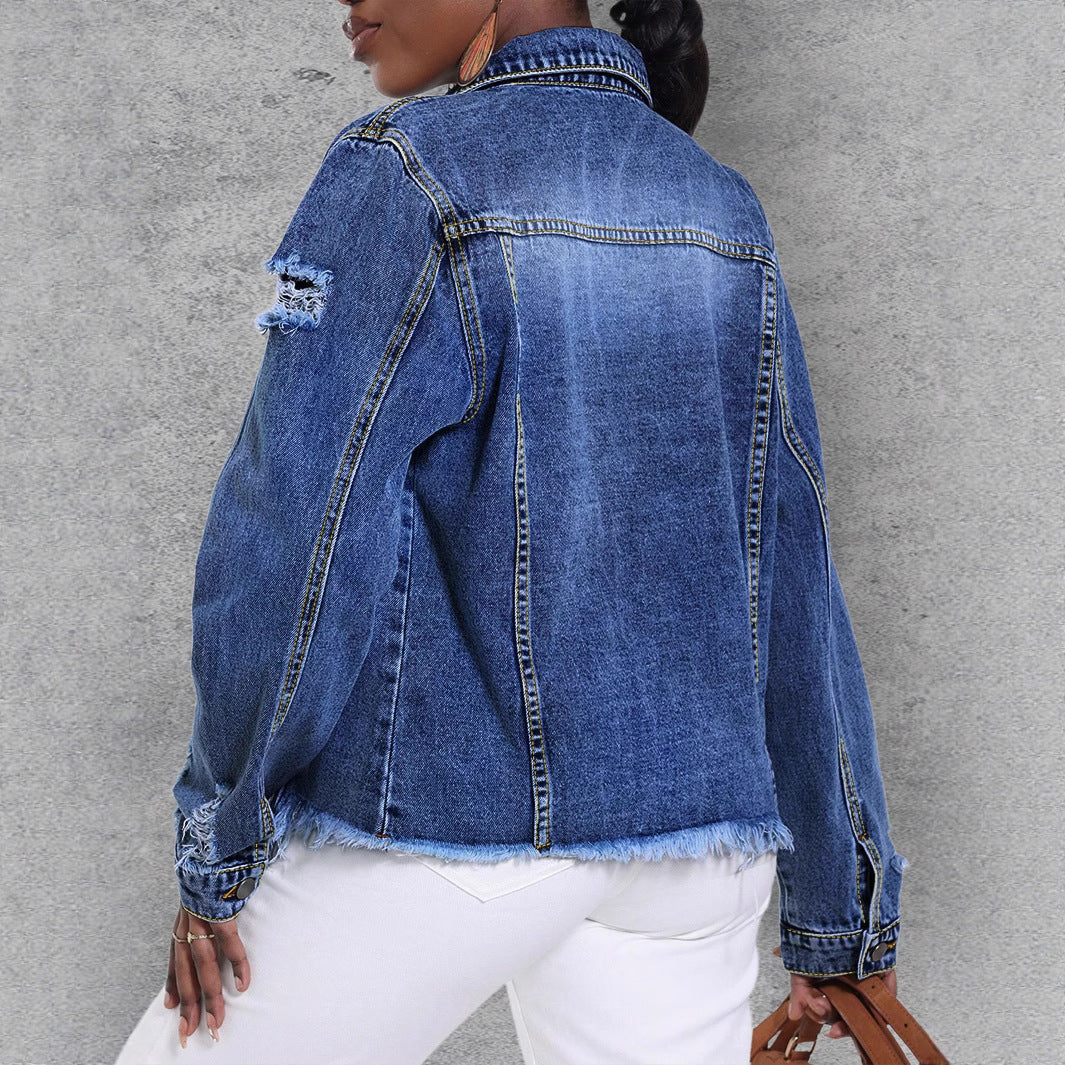 Women's Casual Denim Jacket with Distressed Details, Patch Chest Pockets and Frayed Hem Fashion Glam