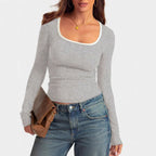 Ladies fitted rib shirt with wide square neckline and contrast edge Fashion Glam