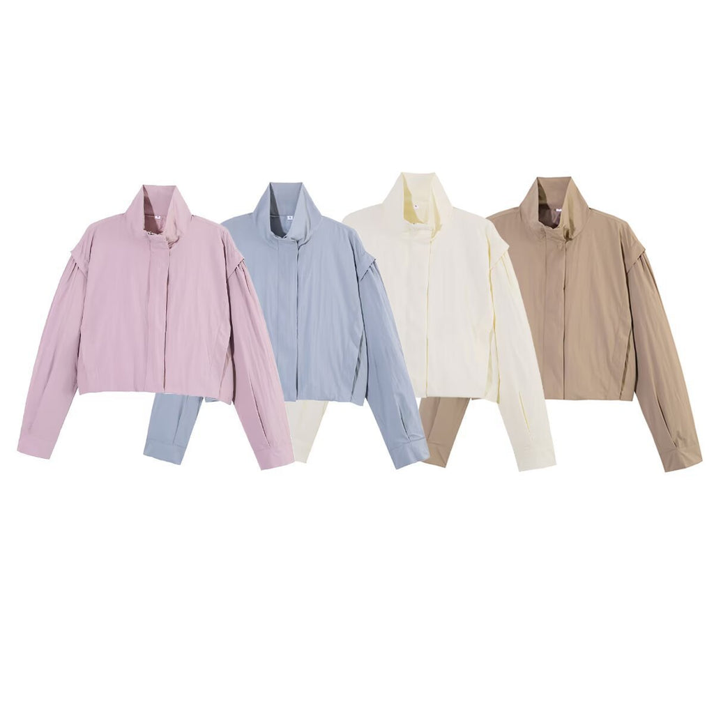 Women Cropped Waist-free Blouson Jacket with High Standing Collar and Pleated Sleeve Panels Fashion Glam