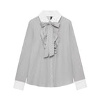 Ladies Striped Blouse with Bow Collar, Ruffle Front and Contrast Cuffs Fashion Glam