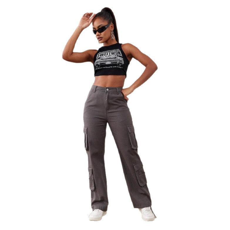 Women's Utility Cargo Pants with Wide Leg, Multiple Pockets and High Waist Fit Fashion Glam