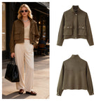 Women's short jacket in utility style made of suede look with stand-up collar and cargo flap pockets Fashion Glam