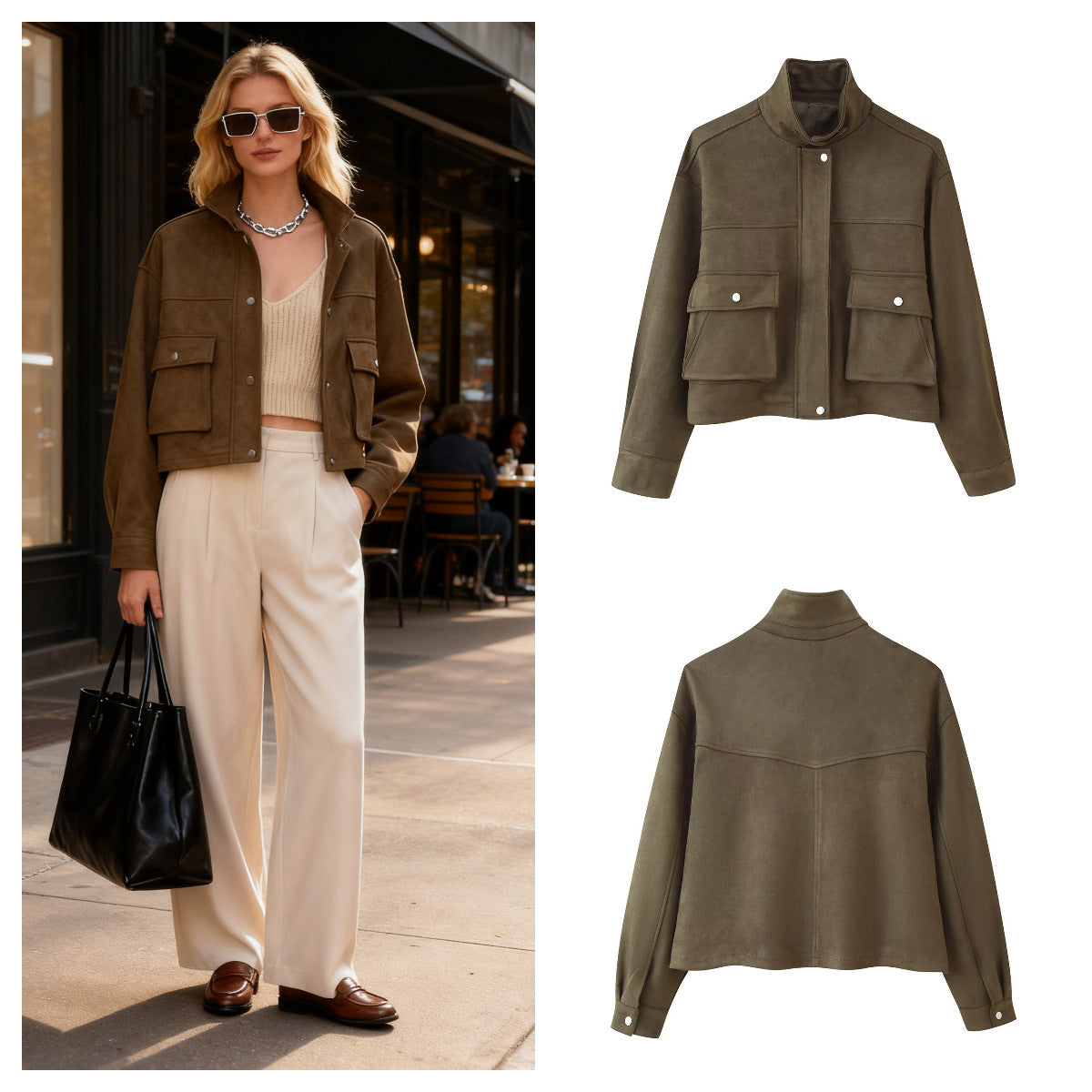 Women's short jacket in utility style made of suede look with stand-up collar and cargo flap pockets Fashion Glam