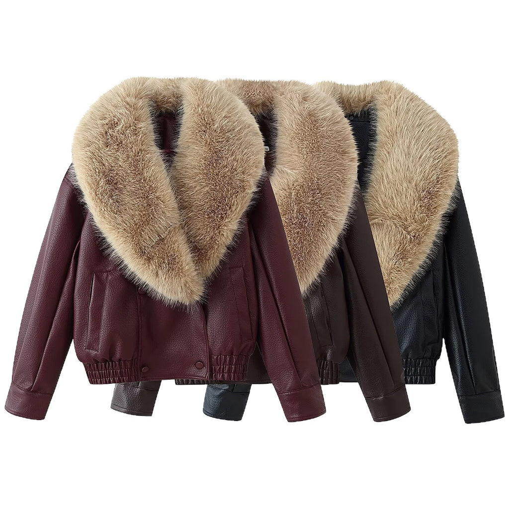 Women's Short-Cut Leather Bomber Jacket with Voluminous Removable Fur Collar Fashion Glam