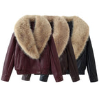 Women's Short-Cut Leather Bomber Jacket with Voluminous Removable Fur Collar Fashion Glam