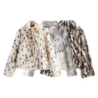Women's Cropped Faux Fur Jacket with Multicolored Spot Design and Stand Collar Fashion Glam