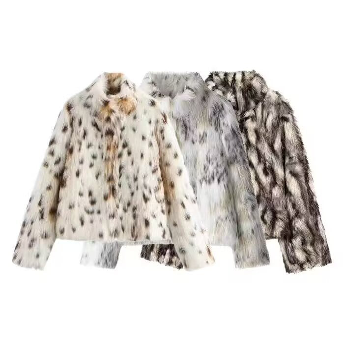 Women's Cropped Faux Fur Jacket with Multicolored Spot Design and Stand Collar Fashion Glam