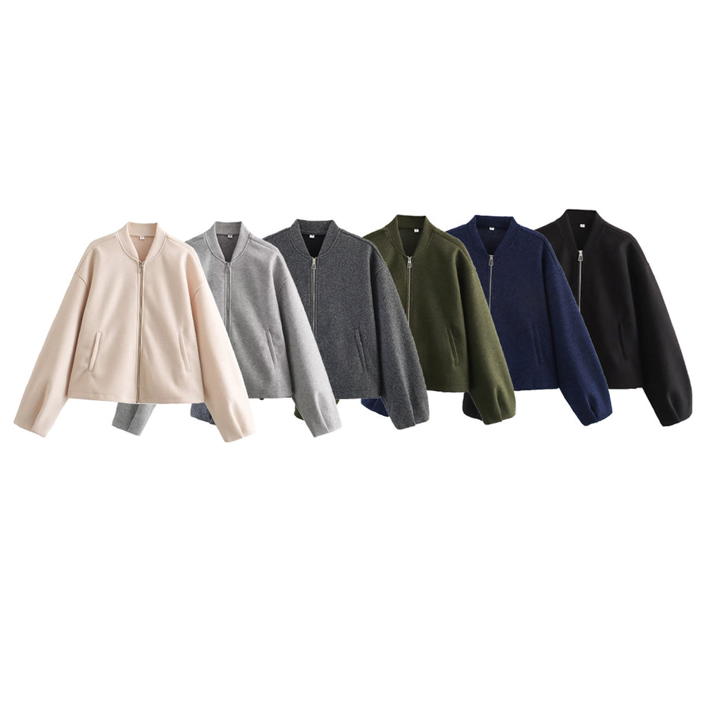 Women's Boxy Wool Blend Zip Jacket with Short Hem and Drawstring Fashion Glam
