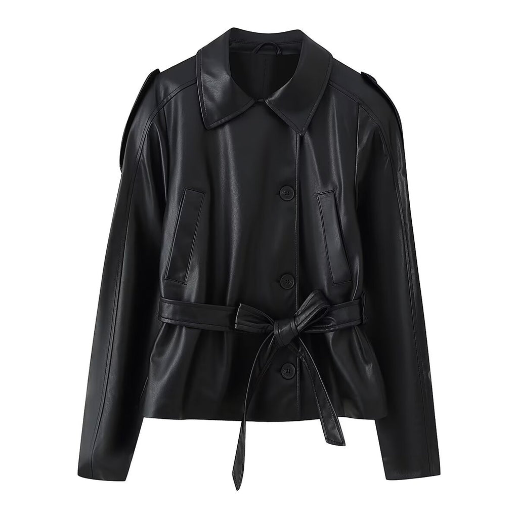 Women's Short Tailored Faux Leather Jacket with Ties and Shirt Collar Fashion Glam