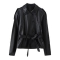 Women's Short Tailored Faux Leather Jacket with Ties and Shirt Collar Fashion Glam