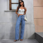 Women's High-Waist Wide-Leg Denim Jeans with Sparkling Pearl Scatter and Straight Leg Fashion Glam