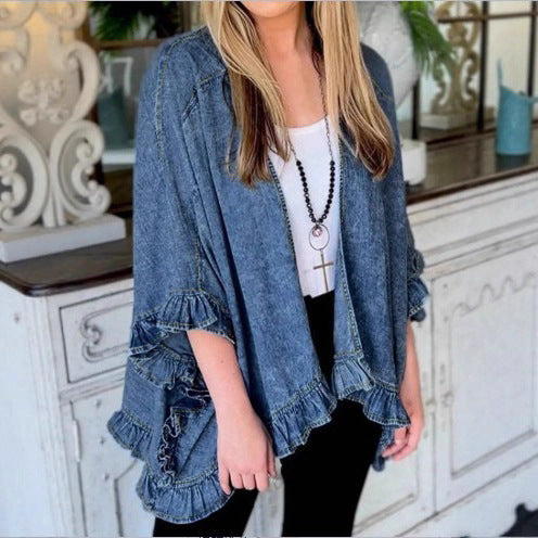 Women Oversized Jeans Kimono with Ruffle Edge and Open Fall Fashion Glam