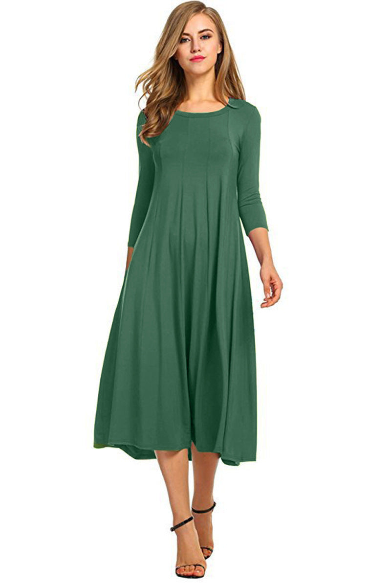 Women's Long A-Line Midi Dress made of Stretch Jersey with Three-Quarter Sleeves and Side Pockets Fashion Glam