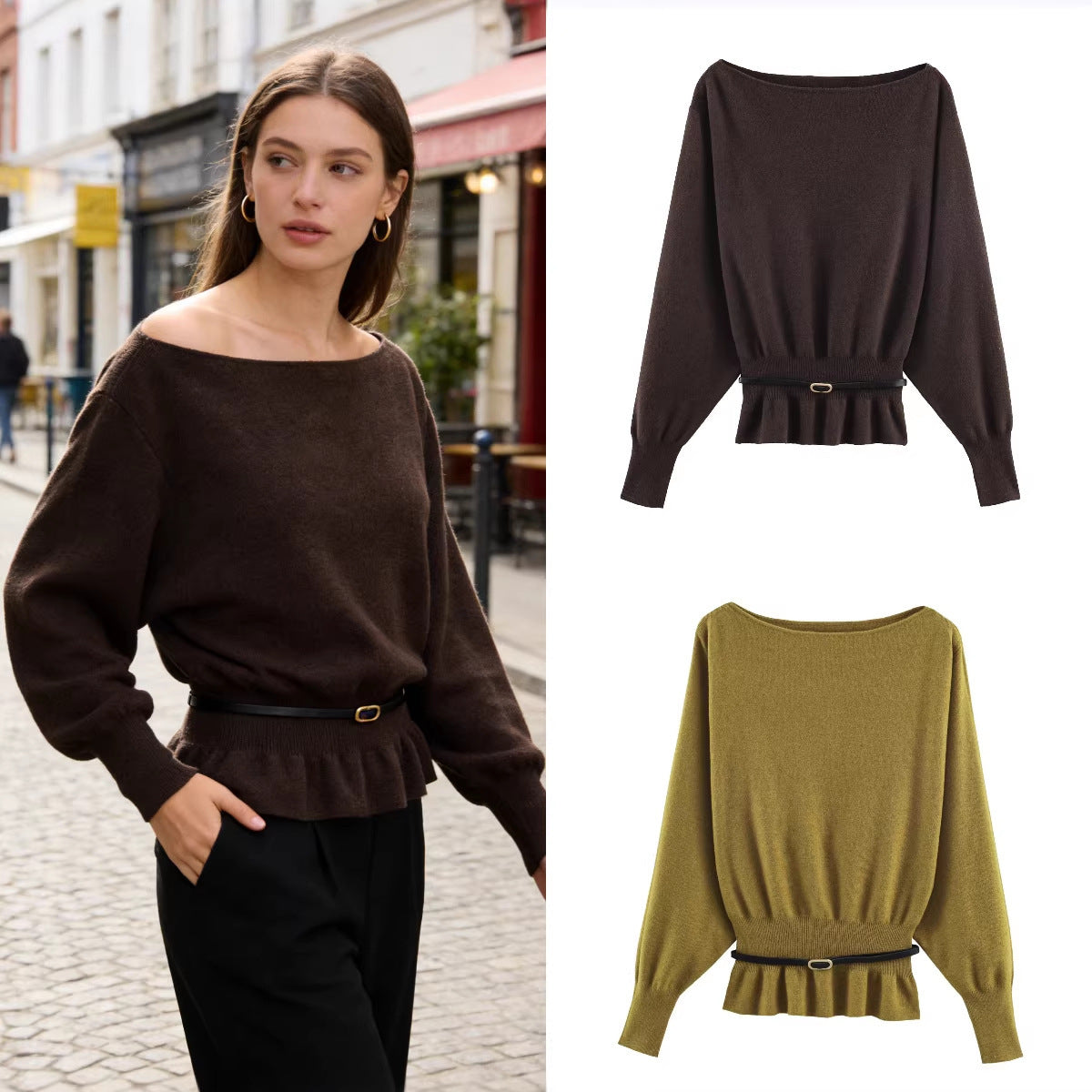 Women's Oversized Knit Sweater with Boat Neck, Batwing Sleeves, Gathered Ribbed Hem, and Waist Belt Fashion Glam